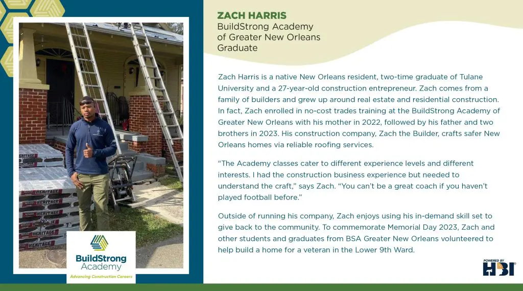 Zach Harris Story Card - HBI Build Strong Academy New Orleans Graduate